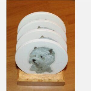 Westie Highland Terrier Dog Ceramic Cork Back Coaster Set 4-Pack & Wooden Holder